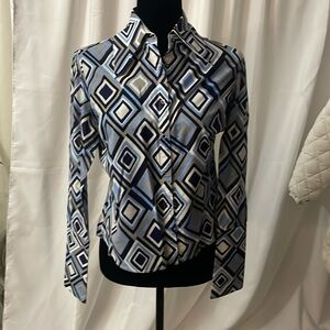 Alice + Olivia Asymmetrical Gray Blue & White Blouse M